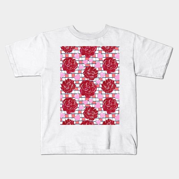 Red Roses, Hearts on Plaid Pattern Kids T-Shirt by MitaDreamDesign